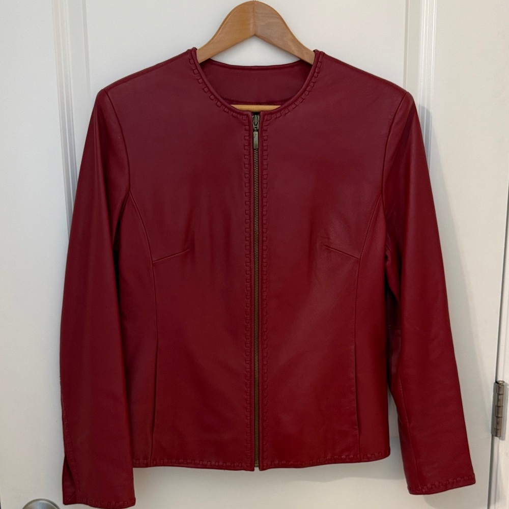Preston & York Women's Crimson Deep Red Leather Zip Jacket